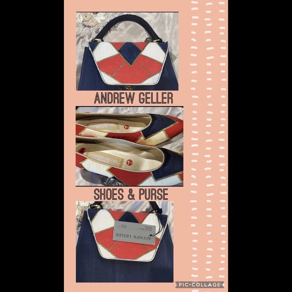 Andrew Geller Red Black and White formal shoes & handbag w/strap set - Picture 1 of 16